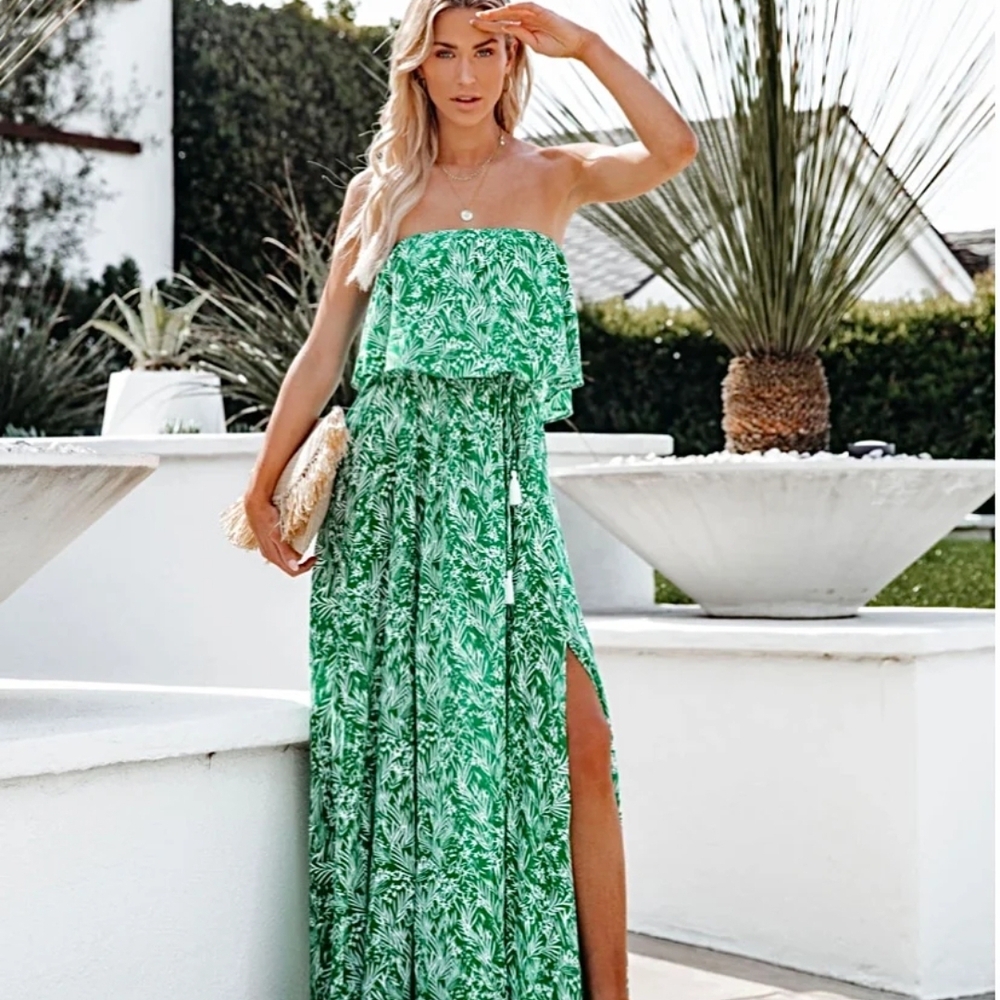 Vici Strapless Green Maxi Dress with Side Slit